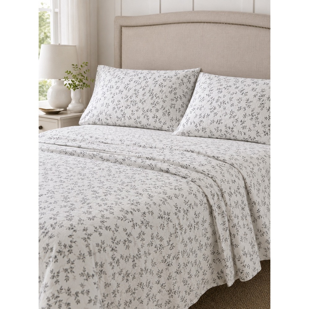 Laura Ashley Cotton Sara Sprig Black White Floral King Sheet Set Cottagecore